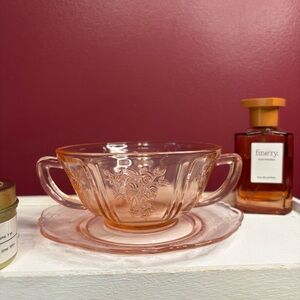 Vintage Pink Tinted Depression Glass Two-Handled Bowl with Saucer Floral Rose